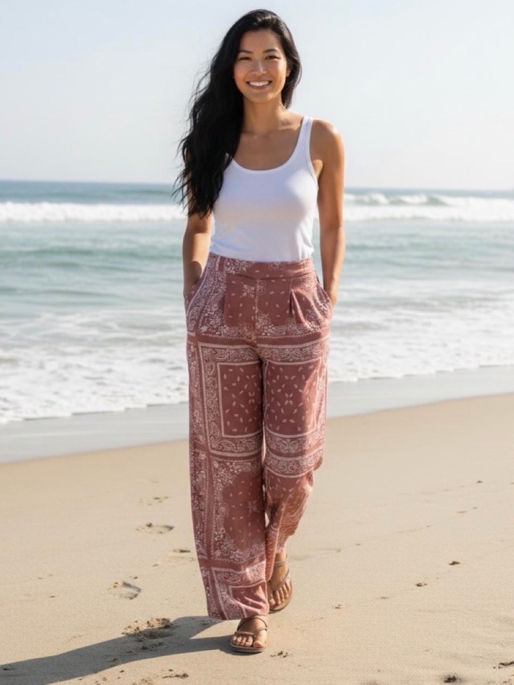 Thread & Supply Wide-Leg Bandana Print Pants - Dusty Rose